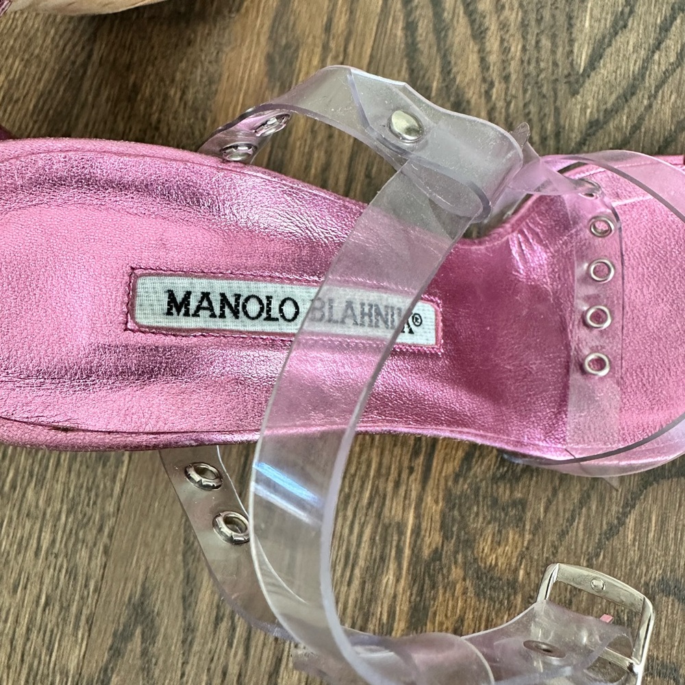 Manolo Blahnik Pink Metallic Leather Sandals with Clear PVC Straps 36.5 - Picture 4 of 5